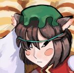  1girl animal_ear_fluff animal_ears artist_name black_eyes blush blush_stickers brown_hair cat_ears chen close-up closed_mouth danlamdae green_headwear hair_between_eyes hat mob_cap red_vest shirt short_hair solo string touhou vest wall-eyed white_shirt 