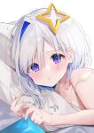  1girl absurdres amane_kanata bed blue_hair camisole collarbone colored_inner_hair eme_(emeralda) grey_hair highres hololive looking_at_viewer lying multicolored_hair on_bed on_side pillow pout purple_eyes shirt_tug sleepwear solo strap_slip upper_body white_camisole 