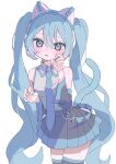  1girl absurdres animal_ear_headphones animal_ears bare_shoulders blue_eyes blue_hair blue_nails blue_necktie blush cat_ear_headphones cat_tail claw_pose detached_sleeves fake_animal_ears fang grey_shirt hakudaku hatsune_miku headphones highres long_hair looking_at_viewer necktie open_mouth pleated_skirt shirt simple_background skin_fang skirt sleeveless sleeveless_shirt solo tail thighhighs twintails very_long_hair vocaloid white_background zettai_ryouiki 