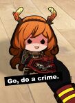  1girl 1other absurdres anrifrus antlers armor artist_name black_eyes black_gloves black_hair chibi dante_(limbus_company) english_text freckles gameplay_mechanics gloves go_do_a_crime_(meme) headband highres ishmael_(limbus_company) limbus_company long_hair long_sleeves meme orange_hair project_moon wavy_hair 