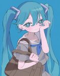  1girl absurdres aqua_eyes aqua_hair bag blue_background blue_neckerchief blush crying crying_with_eyes_open expressionless grey_serafuku grey_shirt grey_skirt hakudaku hatsune_miku highres long_hair looking_at_viewer neckerchief sailor_collar school_bag school_uniform serafuku shirt shoulder_bag simple_background skirt solo tears twintails upper_body very_long_hair vocaloid 