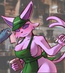  5_fingers anon anthro apron apron_only areola beverage big_breasts blush breasts clothing coffee coffee_shop eeveelution espeon female fingers flustered fur generation_2_pokemon hambinito hat headgear headwear hi_res mammal marker nintendo open_mouth pink_body pink_fur pokemon pokemon_(species) purple_eyes red_gem solo spiral_eyes tail white_eyes 
