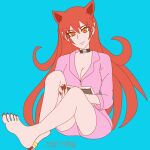  1girl animal_ears azazel_ameri barefoot book breasts cat_ears cleavage feet highres holding holding_book large_breasts long_hair looking_at_viewer mairimashita!_iruma-kun nail_polish orange_eyes pajamas pink_pajamas red_hair red_nails smile solo taiyouarashi toenail_polish toenails 