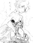 1boy android greyscale highres kagamine_len light_blush mechanical_parts monochrome mutomorokoshi navel ribs shirt_removed shorts sketch smoke_trail solo sweatdrop topless_male vocaloid 