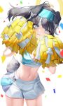  1girl absurdres animal_ears black_hair blue_archive blue_eyes blush breasts chanpower233 cheerleader cleavage collar confetti crop_top detached_collar dog_ears dog_girl dog_tail eyewear_on_head goggles goggles_on_head halo hibiki_(blue_archive) hibiki_(cheer_squad)_(blue_archive) highres holding holding_pom_poms large_breasts looking_at_viewer millennium_cheerleader_outfit_(blue_archive) miniskirt navel official_alternate_costume pleated_skirt pom_pom_(cheerleading) ponytail sidelocks skirt solo sweat tail white_collar white_skirt yellow_halo 