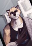  2022 absurd_res anthro athletic black_clothing black_shirt black_tank_top black_topwear clothing colored digital_media_(artwork) dreff ear_piercing fluffy fur hi_res holding_object holding_phone inside looking_at_viewer male mammal mirror_selfie nick_saunders_(templar) one_eye_closed pecs phone piercing procyonid raccoon selfie shirt sketch smile solo standing super-nova tank_top topwear wink yellow_body yellow_fur 