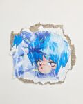  1girl blue_hair bright_pupils cardboard closed_mouth commentary_request distortion highres leper_kamilah looking_at_viewer mixed_media original pixelated portrait red_eyes short_hair solo torn_paper white_pupils 
