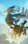  anthro armor avian beak bird blue_body blue_feathers braided_hair breath_of_the_wild chikichikitaron eyebrows feathers foreshortening green_eyes hair hi_res leather leather_armor male nintendo revali rito scarf solo talons the_legend_of_zelda thick_eyebrows 