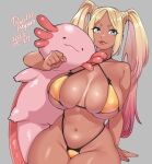  1girl agawa_ryou animal_hug arm_support artist_name axolotl bikini blonde_hair blue_eyes breasts closed_mouth commentary criss-cross_halter curvy dark-skinned_female dark_skin dated english_commentary gradient_hair grey_background halterneck highleg highleg_bikini large_breasts long_hair looking_at_viewer multicolored_hair navel original parted_bangs pink_hair short_eyebrows sidelocks simple_background sitting skindentation smile solo stomach swimsuit thick_thighs thighs twintails yellow_bikini 