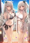  2girls absurdres arm_at_side arm_under_breasts balcony bikini black_bow blue_sky blush bow breasts brown_eyes cleavage closed_mouth cloud collarbone commentary_request day grey_hair grey_jacket hair_between_eyes hair_ornament hair_ribbon highres hiragi_ringo horizon jacket jewelry large_breasts looking_at_viewer multiple_girls navel necklace ocean off_shoulder open_mouth original petals ribbon sky smile standing swimsuit two_side_up white_bikini wooden_floor 