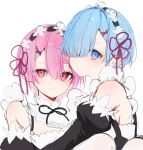  2girls bare_shoulders black_ribbon blue_hair detached_sleeves flower_knot hair_ornament hair_ribbon highres hug juliet_sleeves long_sleeves maid_headdress multiple_girls neck_ribbon pink_eyes pink_hair puffy_sleeves ram_(re:zero) re:zero_kara_hajimeru_isekai_seikatsu rem_(re:zero) ribbon roswaal_mansion_maid_uniform short_hair siblings simple_background sisters suashi white_background x_hair_ornament 