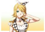  1girl bare_arms blonde_hair border bow bow_hairband breasts checkered_bow checkered_clothes choker cleavage gradient_background green_eyes grin hair_bow hair_ornament hairband hairclip highres kagamine_rin looking_at_viewer nail_polish one_eye_closed outside_border q_89umi short_hair small_breasts smile solo swept_bangs upper_body vocaloid white_background white_border white_bow white_choker white_hairband yellow_background yellow_nails 