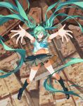  1girl absurdres ahoge aqua_eyes aqua_hair aqua_neckerchief black_footwear black_socks breasts dododo falling full_body grey_sailor_collar grey_skirt hair_between_eyes hatsune_miku highres loafers long_hair looking_at_viewer midriff_peek navel neckerchief outstretched_arms parted_lips pleated_skirt sailor_collar shirt shoes short_sleeves skirt small_breasts socks solo twintails very_long_hair vocaloid white_shirt wide-eyed 