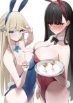  2girls absurdres amondo animal_ears asymmetrical_docking black_bow black_bowtie black_hair blonde_hair blue_archive blue_bow blue_bowtie blue_eyes blue_leotard blush bow bowtie braid breast_press breasts cleavage covered_navel detached_collar double_v fake_animal_ears fake_tail french_braid highres holding holding_tray large_breasts leotard long_hair medium_breasts multicolored_hair multiple_girls playboy_bunny rabbit_ears rabbit_tail red_eyes red_leotard rio_(blue_archive) streaked_hair sweatdrop tail toki_(blue_archive) toki_(bunny)_(blue_archive) tray v very_long_hair 
