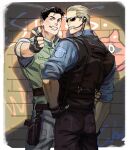  2boys albert_wesker belt black_belt black_gloves black_hair black_pants blonde_hair blue_shirt bulletproof_vest chris_redfield fingerless_gloves gloves green_vest grey_pants gun holster holstered male_focus multiple_boys pants pointing resident_evil resident_evil_1 shirt short_hair smile sunglasses tatsumi_(psmhbpiuczn) teeth vest weapon white_shirt 