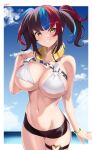  1girl absurdres bare_shoulders beach bikini black_hair black_shorts blue_hair blue_sky blush bracelet breasts cleavage fate/grand_order fate_(series) grin headphones headphones_around_neck highres jewelry kurozawa_yui large_breasts long_hair looking_at_viewer multicolored_hair navel red_hair sei_shounagon_(fate) sei_shounagon_(swimsuit_berserker)_(fate) short_shorts shorts sidelocks sky smile solo swimsuit thigh_strap thighs twintails white_bikini yellow_eyes 