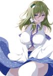  1girl bare_shoulders blue_eyes blue_skirt blush breasts chimunge cleavage detached_sleeves embarrassed eyes_visible_through_hair feet_out_of_frame frog_hair_ornament green_hair hair_between_eyes hair_ornament hair_tubes highres kochiya_sanae large_breasts long_hair long_sleeves looking_at_viewer midriff_peek navel over-kneehighs shirt simple_background skirt snake_hair_ornament solo thighhighs touhou white_background white_shirt white_thighhighs 