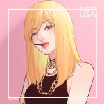  1girl akamenashi armlet blackpink blonde_hair candy choker close-up commentary english_commentary food highres jewelry lisa_(blackpink) looking_at_viewer medium_hair necklace pink_background pink_lips simple_background solo square yellow_eyes 