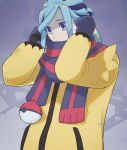  1boy aqua_eyes commentary_request eyelashes green_hair grey_background grusha_(pokemon) hanaya_nataka hands_up highres jacket long_sleeves looking_down male_focus mittens poke_ball_print pokemon pokemon_(game) pokemon_sv scarf solo striped striped_scarf twitter_username upper_body watermark yellow_jacket 