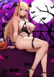  1girl bare_shoulders black_leotard blonde_hair blush breasts chest_jewel cleavage demon_girl earrings halloween halloween_costume headpiece jewelry kaos_art large_breasts leotard long_hair looking_at_viewer mythra_(xenoblade) paid_reward_available smile solo swept_bangs thick_thighs thighs tiara very_long_hair xenoblade_chronicles_(series) xenoblade_chronicles_2 yellow_eyes 