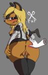  absurd_res ambiguous_gender anthro anus blonde_hair bottomwear butt butt_slap canid clothing disembodied_hand dress_shirt duo eyewear fan_character female genitals glasses gun hair hi_res legwear mammal mp5 nipples presenting presenting_hindquarters pussy pxp ranged_weapon sega shirt skirt slap solo sonic_the_hedgehog_(series) spanking spread_butt spreading stockings thick_thighs topwear weapon 