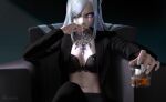  1girl black_bra blurry blurry_foreground bra breasts cup genshin_impact grey_eyes grey_hair hair_over_one_eye highres holding holding_cup jacket jewelry large_breasts long_hair looking_at_viewer m_alexa navel necklace open_clothes open_jacket shenhe_(genshin_impact) sitting solo suit_jacket underwear 