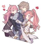  1boy 2girls arrow_(symbol) brown_eyes brown_hair dancer father_and_daughter fire_emblem fire_emblem_awakening fire_emblem_fates gambeson grandmother_and_granddaughter haconeri hairband hug hug_from_behind laslow_(fire_emblem) long_hair mother_and_son multiple_girls navel olivia_(fire_emblem) one_eye_closed pink_eyes pink_hair ponytail short_hair smile soleil_(fire_emblem) teeth white_background 