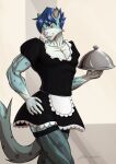  2023 absurd_res anthro blue_hair cel_shading clenched_teeth clothed clothing digital_drawing_(artwork) digital_media_(artwork) dress felid hair hand_on_hip hi_res holding_object legwear looking_at_viewer maid_uniform male mammal muscular muscular_male orange_eyes pantherine riku_(za-owl) shaded short_hair simple_background smile snow_leopard solo stockings tail teeth uniform za-owl 