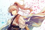  1boy archer_(fate/samurai_remnant) arm_guards blue_bow bow cape chinese_clothes fate/samurai_remnant fate_(series) grey_hair hair_ornament hanfu kuroaki long_hair looking_at_viewer male_focus multicolored_hair petals ponytail simple_background smile solo tassel tassel_hair_ornament upper_body white_background yellow_eyes 