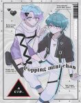  2boys aqua_hair blue_hair blush cookie_run english_text expressionless heart highres humanization looking_at_viewer male_focus mamimumemo multicolored_hair multiple_boys pants personification popping_candy_cookie purple_hair short_hair spearmint_cookie two-tone_hair 