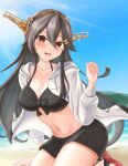  1girl :d bikini black_bikini black_hair blush breasts brown_eyes cardigan cleavage collarbone hair_between_eyes hair_ornament hairclip haruna_(kancolle) headgear highres hood hooded_sweater ichimai_(apieceof_ray151) kantai_collection large_breasts long_hair navel official_alternate_costume open_cardigan open_clothes sandals sitting smile solo sweater swimsuit white_sweater 