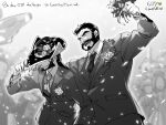  2boys arm_up bara beard bouquet confetti couple covering_own_eyes cowboy_hat crowd facial_hair flower_in_pocket formal graves_(league_of_legends) hair_slicked_back happy hat hat_over_eyes holding holding_bouquet husband_and_husband karipaku league_of_legends lgbt_pride long_hair male_focus mature_male multiple_boys muscular muscular_male mustache necktie short_hair suit thick_eyebrows twisted_fate upper_body wedding yaoi 
