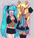  2023 accessory alternate_costume anthro antlers blonde_hair blue_hair blush bodily_fluids bottomwear brown_body brown_fur buckteeth checkered_clothing checkered_sweater checkered_topwear clothing clothing_swap crossover deer deltarune doe_with_antlers dress duo female female/female freckles fur hair hair_accessory hairband hatsune_miku headphones horn humanoid japanese_text legwear lenixtt mammal necktie noelle_holiday pattern_clothing pattern_sweater pattern_topwear scut_tail short_tail skirt sweat sweatdrop sweater tail teeth text thigh_highs topwear two_tone_tail undertale_(series) vocaloid 