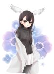  1girl absurdres alternate_costume bird_girl bird_wings black-headed_ibis_(kemono_friends) black_hair black_pantyhose black_sweater blush casual cowboy_shot earrings hair_between_eyes head_wings highres jewelry kemono_friends kuromitsu_(9633_kmfr) long_hair long_sleeves looking_at_viewer necklace orange_eyes pantyhose pleated_skirt sidelocks skirt smile solo sweater turtleneck turtleneck_sweater white_skirt wings 