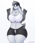  anthro big_breasts blush breasts clothed clothing digital_media_(artwork) female hi_res lagomorph leporid looking_at_viewer lykan284 mammal pressed_against rabbit simple_background smile solo thick_thighs wide_hips 