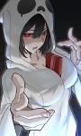  1girl absurdres between_breasts black_hair blush breasts ghost_costume hair_between_eyes highres hood hood_up large_breasts looking_at_viewer open_mouth original red_eyes simple_background vuxer 