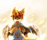  anthro arm_tuft blue_cape blue_clothing brown_body brown_fur clothed clothing elbow_tuft front_view fur glistening glistening_eyes hair half-length_portrait kuttoyaki looking_at_viewer male open_mouth open_smile orange_hair portrait simple_background smile solo tan_body tan_fur tuft wings yellow_eyes 