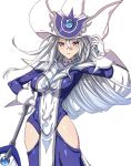  1girl cowboy_shot duel_monster gloves grey_hair highres hip_vent holding holding_wand impossible_clothes long_hair long_sleeves pelvic_curtain purple_eyes silent_magician smile solo takkayuuki wand white_gloves white_hair yu-gi-oh! 