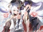  2girls absurdres armpits arms_up azur_lane black_thighhighs bow bowtie breasts brown_gloves center_opening chestnut_mouth cross_hair_ornament dress elbow_gloves felix_schultz_(azur_lane) flandre_(azur_lane) floating_hair garter_straps gloves grey_eyes hair_bow hair_ornament hidulume highleg highres long_hair long_sleeves looking_at_viewer low_twintails multiple_girls official_art open_mouth purple_hair red_bow red_eyes sidelocks sleeveless sleeveless_dress small_breasts smile standing standing_on_one_leg thighhighs twintails white_bow white_hair wide_sleeves 