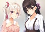  2girls ahoge akizuki_kanna aria. arms_at_sides blurry blurry_background blush braid breasts brown_skirt cafe_stella_to_shinigami_no_chou closed_mouth collarbone commentary_request crossed_bangs dress_shirt earrings eyelashes eyes_visible_through_hair flower frown grin hair_between_eyes hair_flower hair_ornament hair_ribbon hairclip hands_up high-waist_skirt jacket jewelry lips long_sleeves looking_at_viewer medium_breasts mole mole_under_eye multiple_girls pink_jacket pink_ribbon purple_eyes ribbon rose shiki_natsume shirt side_braid side_ponytail simple_background skirt smile stud_earrings suspender_skirt suspenders sweatdrop upper_body white_flower white_hair white_rose white_shirt wing_collar yellow_eyes 