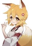  1girl animal_ear_fluff animal_ears apron blonde_hair bright_pupils brown_apron closed_mouth commentary_request flower fox_ears fox_girl fox_shadow_puppet fox_tail hair_between_eyes hair_flower hair_ornament hand_up highres japanese_clothes kimono light_blush looking_at_viewer miko nijizuki_shino ribbon-trimmed_sleeves ribbon_trim senko_(sewayaki_kitsune_no_senko-san) sewayaki_kitsune_no_senko-san short_hair simple_background smile solo tail tail_raised upper_body white_background white_kimono white_pupils wide_sleeves yellow_eyes 