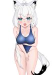  1girl absurdres ahoge animal_ear_fluff animal_ears blue_one-piece_swimsuit blush braid breast_lift breasts commentary_request earrings fox_ears fox_girl fox_tail green_eyes green_nails hair_between_eyes highres hololive jewelry leaning_forward long_hair looking_at_viewer medium_breasts one-piece_swimsuit open_mouth pentagram rain_(jckin) shirakami_fubuki sidelocks simple_background single_braid solo swimsuit tail virtual_youtuber white_background white_hair 