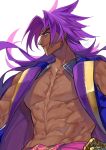  1boy bare_pectorals bare_shoulders bhima_(fate) dark-skinned_male dark_skin embroidery fate/grand_order fate_(series) gold_trim indian_clothes long_hair male_focus muscular muscular_male pectorals profile purple_hair purple_vest rkp simple_background smile solo upper_body very_long_hair vest white_background 