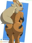  3:4 absurd_res anthro arcanine artist_name big_butt blue_eyes breasts butt canid canine curvy_figure ear_piercing facial_piercing female furaffinity furaffinity_logo generation_1_pokemon head_tuft hi_res lip_piercing lips looking_at_viewer mammal multicolored_body nintendo nude piercing pokemon pokemon_(species) rear_view shaded signature simple_background solo thick_bottom_lip thick_thighs tuft twitter twitter_logo unregistereduser voluptuous 