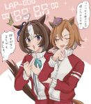  2girls @_@ ahoge animal_ears blue_ribbon brown_hair closed_eyes crown dojikko ear_ribbon gym_uniform hair_between_eyes highres holding_stopwatch horse_ears horse_girl horse_tail jacket meisho_doto_(umamusume) mini_crown multicolored_hair multiple_girls open_mouth orange_hair purple_eyes red_track_suit ribbon short_hair streaked_hair t.m._opera_o_(umamusume) tail tracen_training_uniform track_jacket track_suit translated two-tone_hair umamusume umamusume:_road_to_the_top upper_body usako_(umauma0602) white_hair zipper 