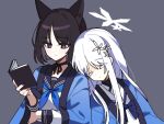  2girls animal_ears black_eyes black_hair black_nails black_sailor_collar blue_archive blue_neckerchief book cat_ears closed_eyes closed_mouth colored_eyelashes de17a fingernails grey_background hair_ornament halo haori highres holding holding_book japanese_clothes kikyou_(blue_archive) long_hair long_sleeves multiple_girls nagusa_(blue_archive) nail_polish neckerchief sailor_collar school_uniform serafuku short_hair simple_background white_hair white_sailor_collar 