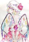  1girl absurdres arms_behind_back blonde_hair closed_mouth cowboy_shot crystal flandre_scarlet frilled_sleeves frills from_behind hair_between_eyes hat hat_ribbon head_tilt highres looking_at_viewer looking_back medium_hair multicolored_wings navybluesparrow one-hour_drawing_challenge puffy_short_sleeves puffy_sleeves red_eyes red_ribbon red_skirt red_vest ribbon ribbon-trimmed_headwear ribbon_trim shirt short_sleeves simple_background skirt solo touhou traditional_media v_arms vest white_background white_headwear white_shirt wings 