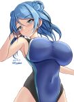  1girl black_one-piece_swimsuit blue_eyes blue_hair blue_one-piece_swimsuit blush breasts competition_swimsuit covered_navel dated double_bun hair_between_eyes hair_bun highleg highleg_swimsuit highres impossible_clothes impossible_swimsuit kantai_collection large_breasts long_hair looking_at_viewer montemasa multicolored_clothes multicolored_swimsuit one-hour_drawing_challenge one-piece_swimsuit simple_background smile solo swimsuit twitter_username two-tone_swimsuit upper_body urakaze_(kancolle) white_background 