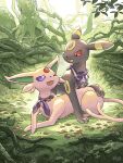  3:4 3_toes absurd_res black_body black_ears black_fur black_nose black_paws circle_(marking) colored day digital_media_(artwork) digital_painting_(artwork) duo eeveelution espeon eye_contact feet female_(lore) feral forest forked_tail fur fur_tuft generation_2_pokemon glistening glistening_eyes grass green_inner_ear hakkentai_pkdn hi_res lapel_pin leaf looking_at_another lying male_(lore) markings morning nintendo on_front one_eye_closed open_mouth outside pink_body pink_ears pink_fur pink_tail pink_tongue plant pmd:_discovery_team_of_stars_and_souls pokemon pokemon_(species) pokemon_mystery_dungeon purple_eyes purple_scarf quadruped red_eyes ring_(marking) roots scarf shadow sharp_teeth signature tail teeth toes tongue tree tuft umbreon unusual_anatomy unusual_tail yellow_markings 