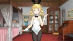  1girl animal_ears bare_shoulders bed black_pantyhose blonde_hair blue_eyes bow bowtie breasts bunny_day canopy_bed chair cordelia_(machine_child) covered_navel cowboy_shot cupboard desk detached_collar drill_hair fake_animal_ears hair_bow hair_ribbon hairband highres indoors leotard looking_at_viewer machine_child mirror open_mouth oyari_ashito painting_(object) pantyhose pillow playboy_bunny rabbit_ears ribbon small_breasts smile solo strapless strapless_leotard twin_drills white_leotard white_ribbon wrist_cuffs 